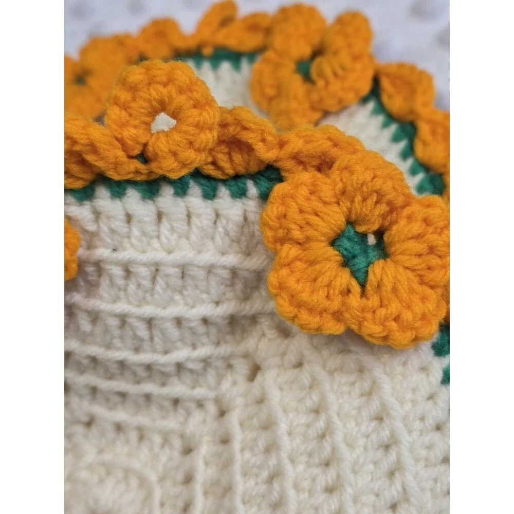 Vintage Crocheted Pot Holder Set Hot Pad Round Autumn Harvest Floral 9